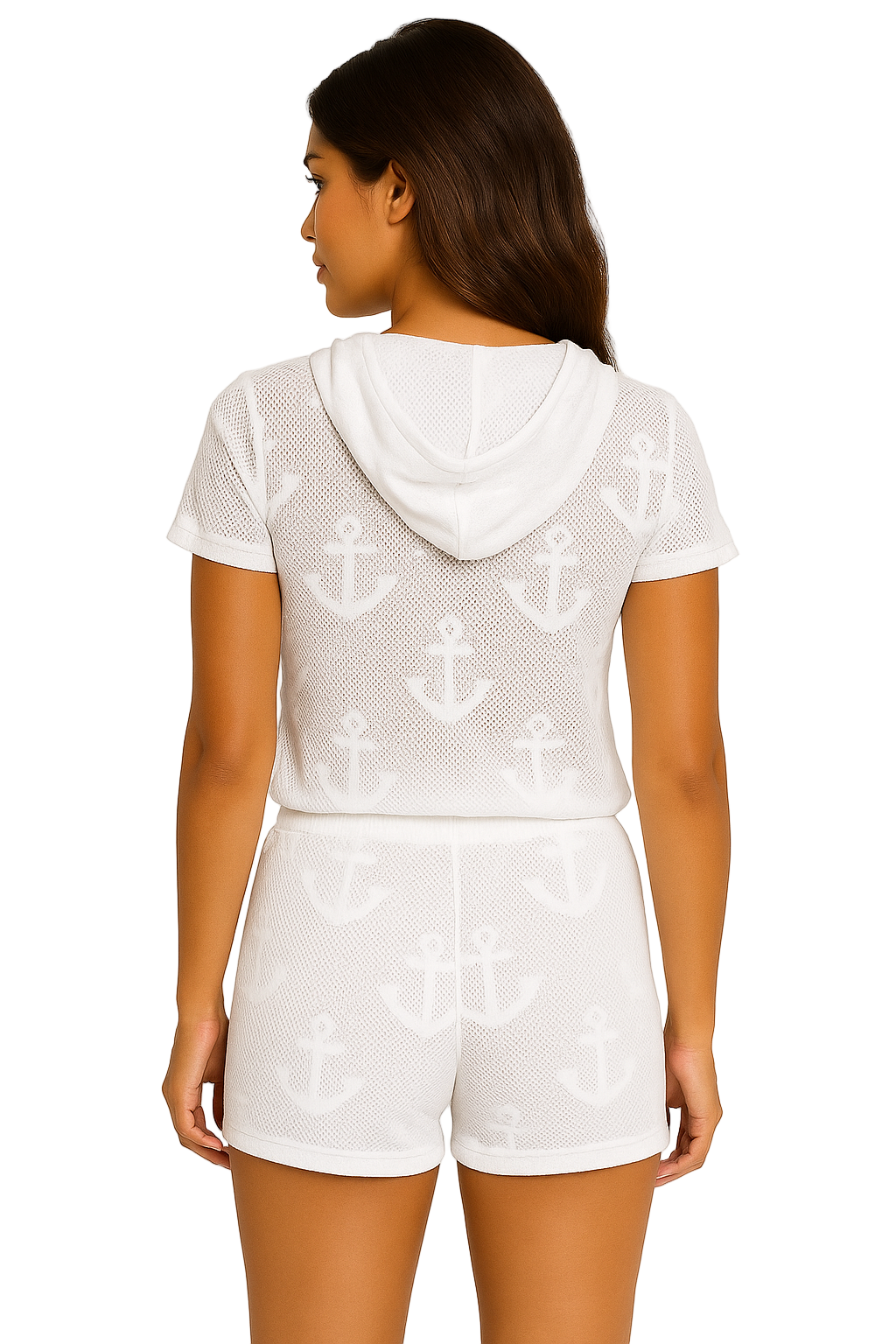 White Anchor Mesh Hoodie Cover-Up Set – Nautical Beachwear for Vacation & Cruise- LMST3604 - Casual Tropical Wear