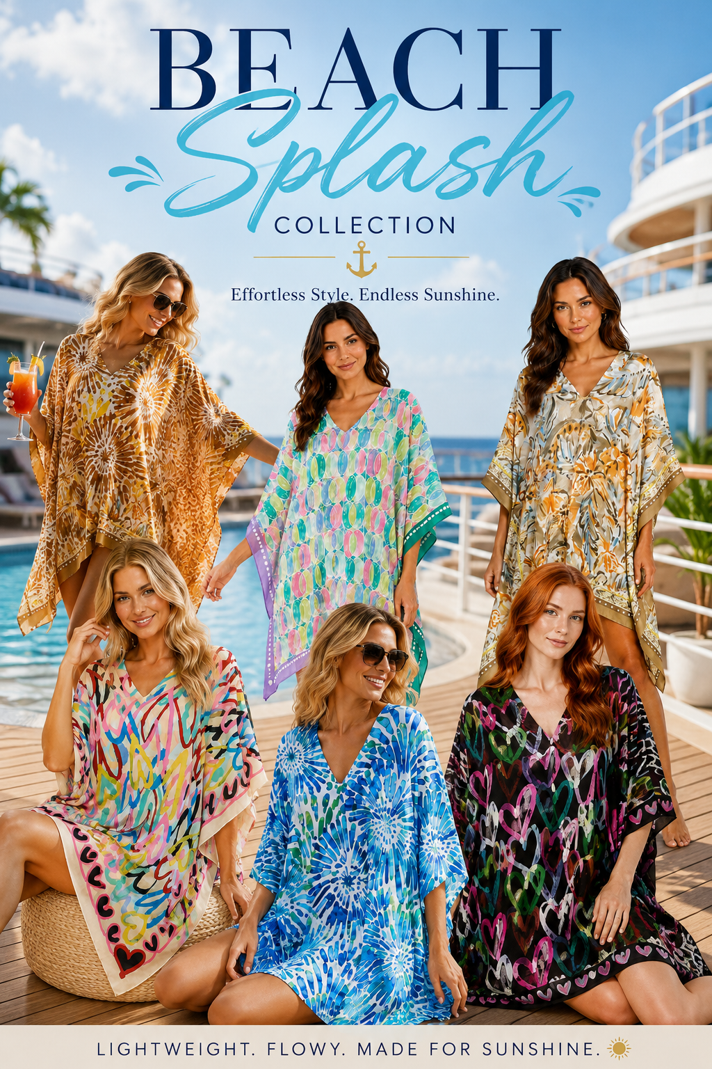 Beach Splash Collection Women's Sheer Kaftan Cover-Up Dress – Tropical Sunburst Print Resort Swim Cover-Up - LPT4015