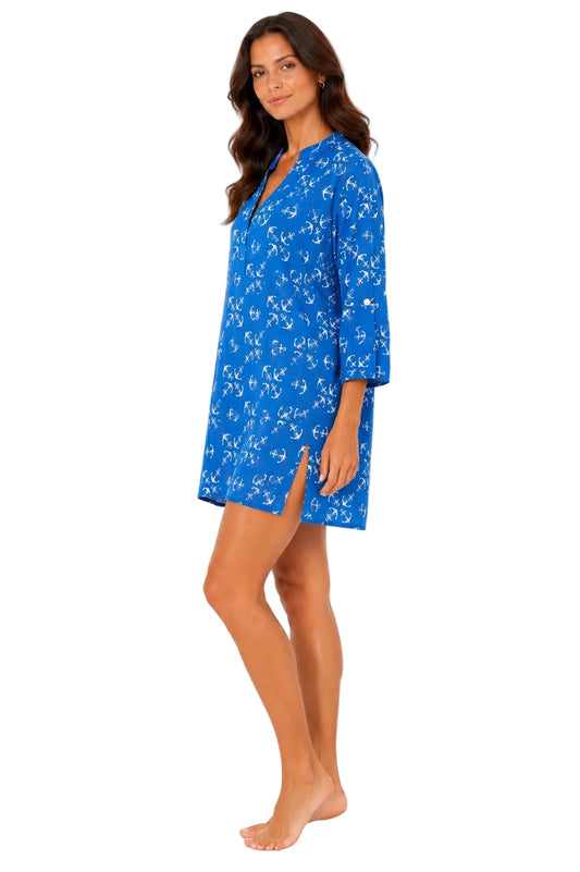 Beach Splash Collection Women's Blue Anchor Print Beach Cover-Up | Lightweight Resort Tunic | Swim Cover-Up by Azucar - LCT3997
