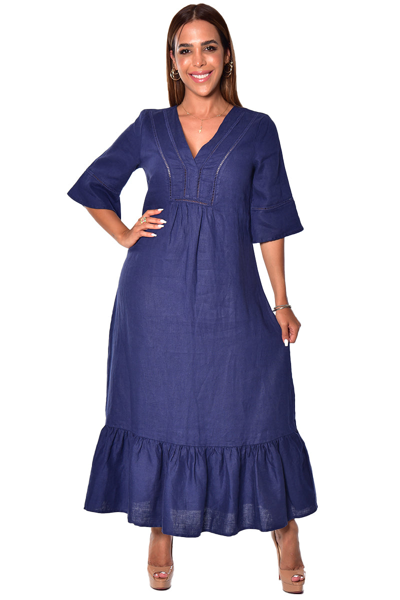 Azucar 100% Linen Ladies 3/4 Sleeves & Ruffled Hem Long Dress in (2) Colors - LLD1695 - Casual Tropical Wear