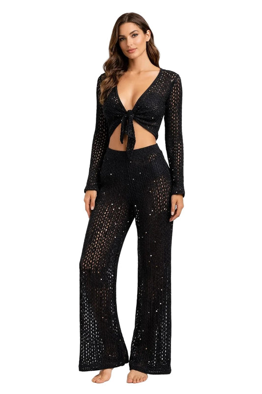 Golden Goddess Crochet Shimmer Wide Leg Pants by AZUCAR – Resort Cover-Up Pants - LMP3902 - Casual Tropical Wear