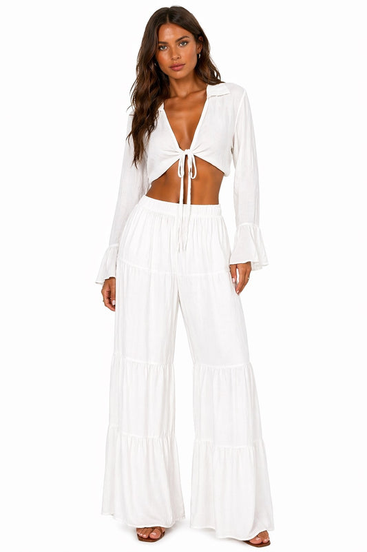 Tie Front Long Sleeve Sheer Crop Top – Lightweight Beach Cover Up Blouse - LMT3903 - Casual Tropical Wear
