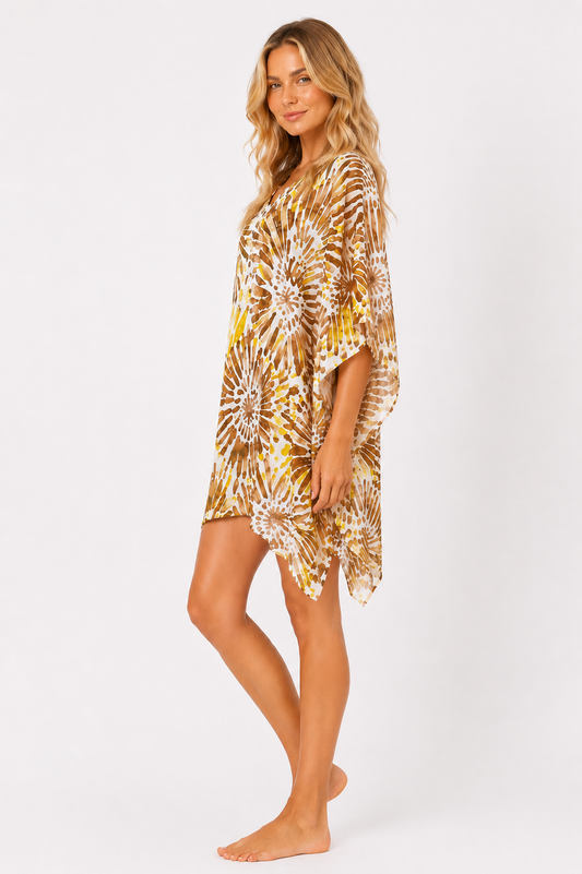 Beach Splash Collection Women's Sheer Kaftan Cover-Up Dress – Tropical Sunburst Print Resort Swim Cover-Up - LPT4015