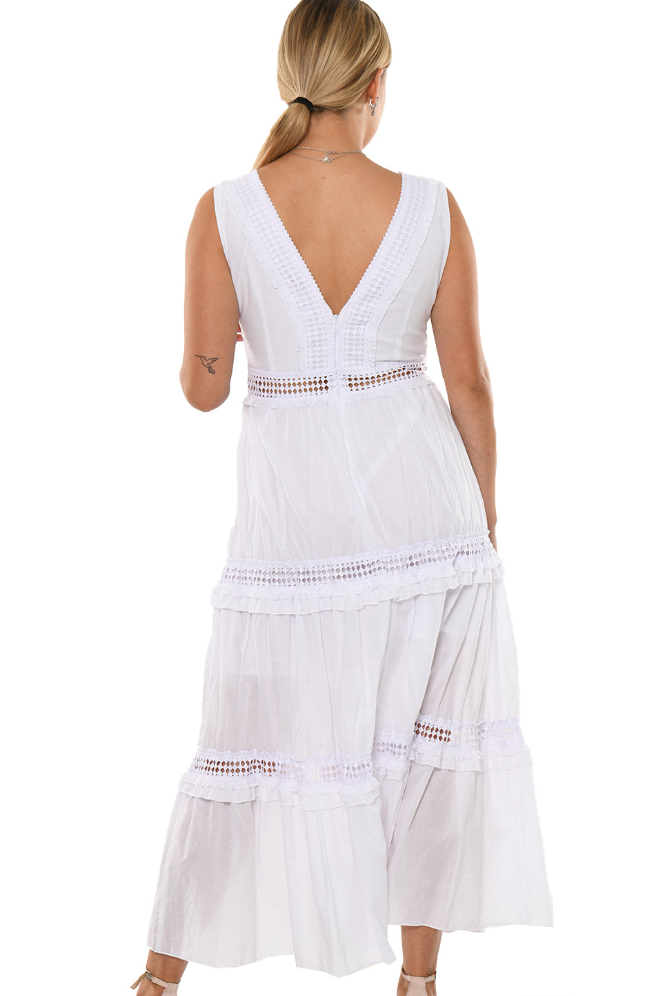 Sleeveless Cotton V-neck Long Dress Lace Detail by Azucar - LRPD950 - Casual Tropical Wear