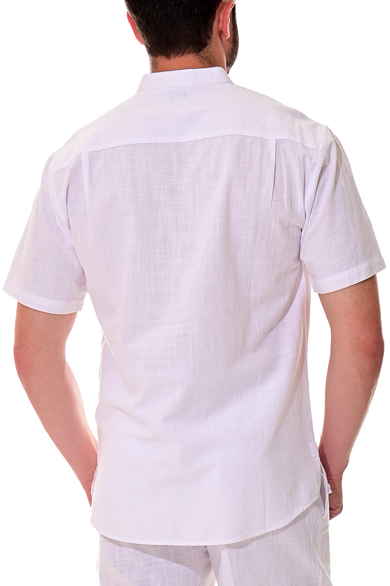 Bohio Mens White Cotton Casual Embroidered Banded Collar Short Sleeve Shirt in Natural- MCS1077 - Casual Tropical Wear