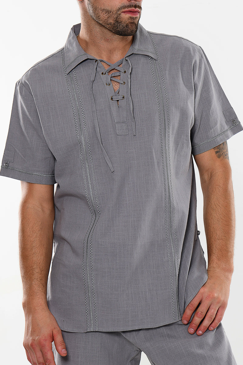 Shirt Men Cotton Casual Beach Summer. Drawstring Collar. Short Sleeve  Shirt. Natural Color.