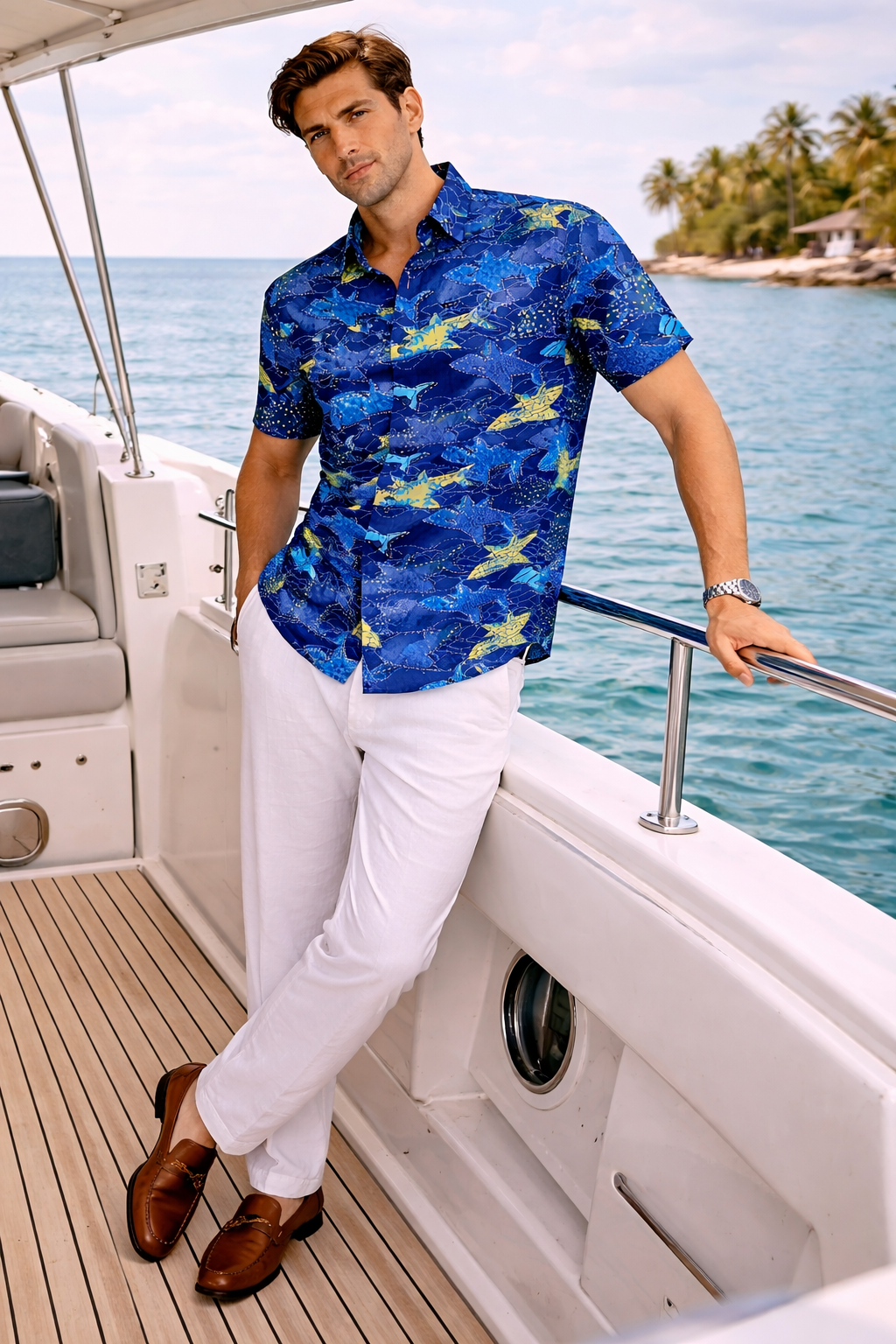 Men’s Blue Shark Print Fishing Shirt – Performance Stretch Short Sleeve | BOHIO - Casual Tropical Wear