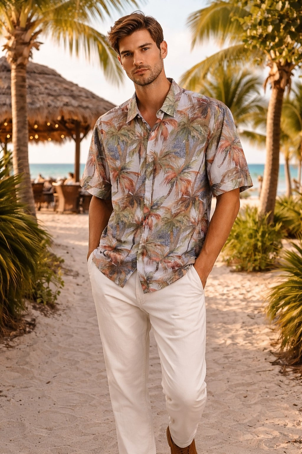 BOHIO Men’s Tropical Palm Print Shirt – Short Sleeve Stretch Resort Shirt - MCX3828 - Casual Tropical Wear