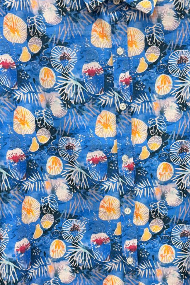 BOHIO Men’s Blue Ocean Print Shirt – Short Sleeve Stretch Resort Shirt - MCX3831 - Casual Tropical Wear