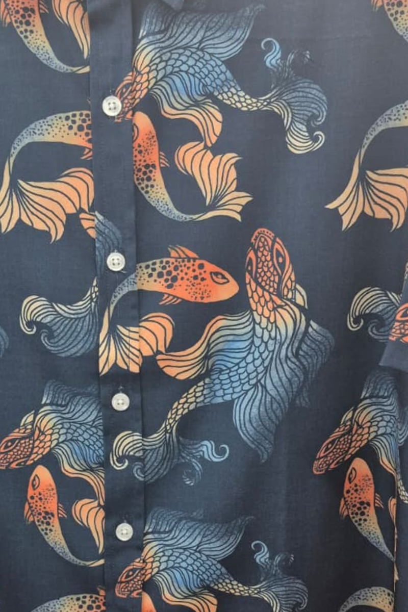 Midnight Koi Fish Print Short Sleeve Shirt – Tropical Tide Collection - MCX3844 - Casual Tropical Wear