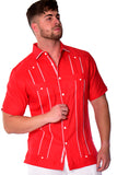 Bohio Mens 100% Pure Linen Cuban Guayabera Shirt - Short Sleeved Pin-Tucked w/Contrast Gingham Trims MLFG2028 - Casual Tropical Wear