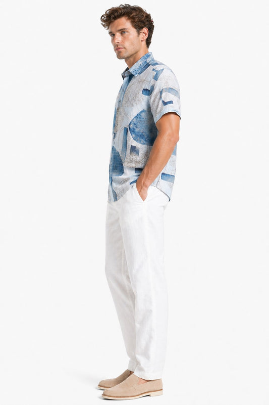 BOHIO Havana Collection Men’s Blue Abstract Resort Shirt – Modern Cuban Tropical Short Sleeve Shirt - MLL3853 - Casual Tropical Wear