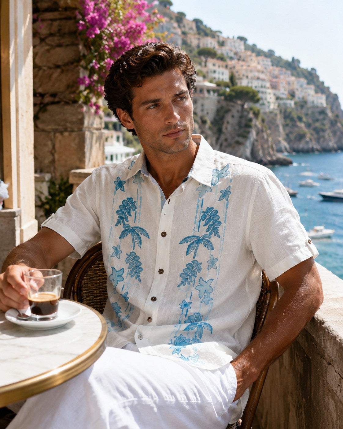 BOHIO Coastal Linen Collection Men's Linen Lyocell Embroidered Tropical Resort Shirt | 55% Linen 45% Lyocell - MLSP3927