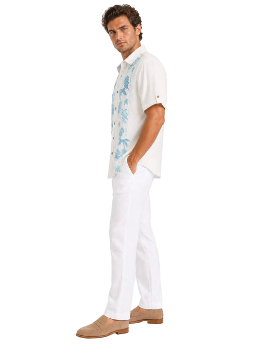 BOHIO Coastal Linen Collection Men's Linen Lyocell Embroidered Tropical Resort Shirt | 55% Linen 45% Lyocell - MLSP3927