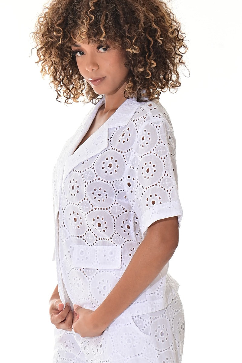 Ladies’ White Cotton Eyelet Short Sleeve Blazer Top - LCB3117 - Casual Tropical Wear