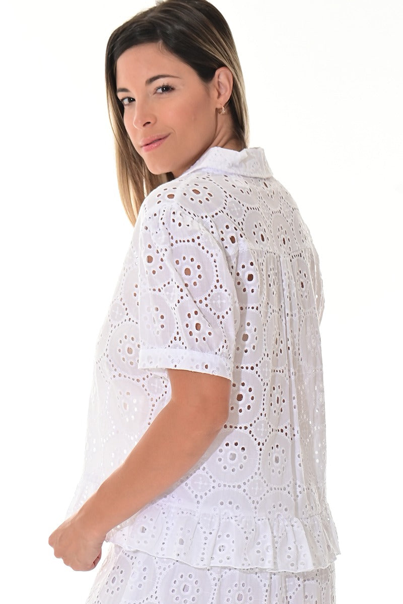 Ladies’ White Eyelet Ruffle Hem Button-Down Blouse - LCB3115 - Casual Tropical Wear