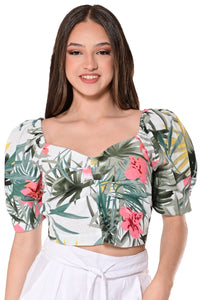 AZUCAR LADIES PRINTED BLOUSE SHORT SLEEVE IVORY COLOR - LCB1711