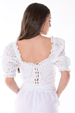 AZUCAR LADIES SOLID EYELET PUFFY SLEEVES BLOUSE - WHITE ON MODEL LACED UP - LCB1714