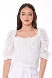 AZUCAR LADIES SOLID EYELET PUFFY SLEEVES BLOUSE -WHITE ON MODEL  - LCB1714