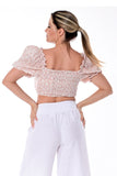 AZUCAR LADIES PRINTED EYELET PUFFY BLOUSE 100% COTTON - peach on model back view - LCB1719