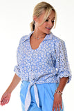 AZUCAR LADIES FRONT TIE EYELET LONG SLEEVE BLOUSE 100% COTTON - blue floral print  - LCB2201