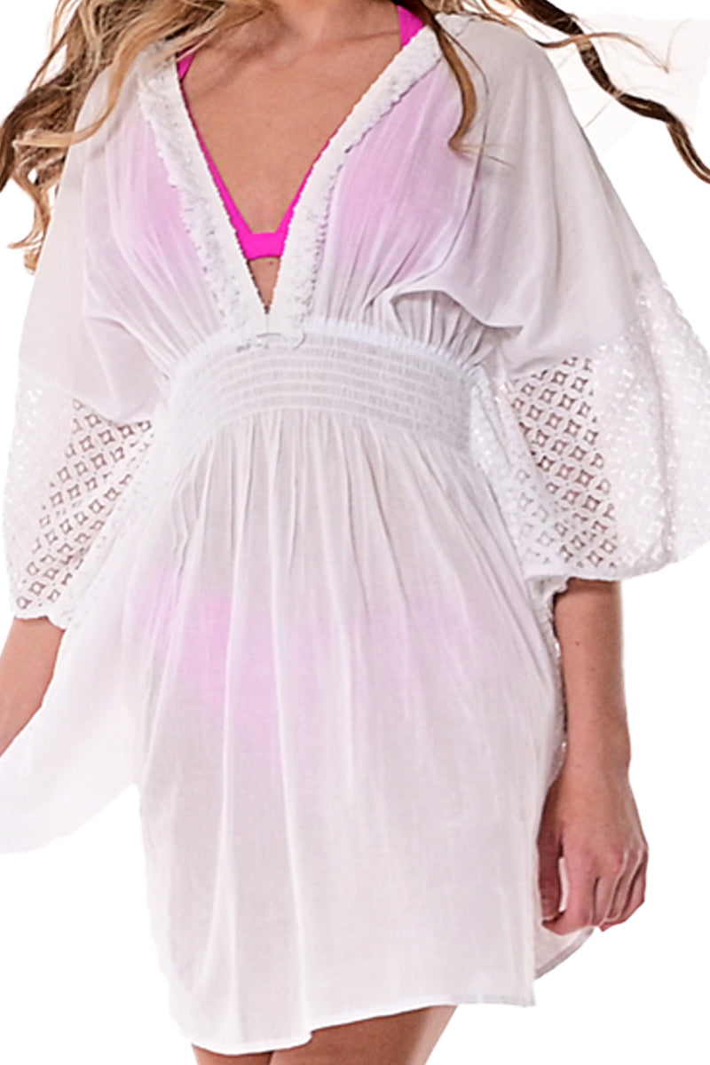 AZUCAR LADIES TUNIC V-NECK 100% COTTON - BEACH WEAR - WHITE ON MODELLCT1712