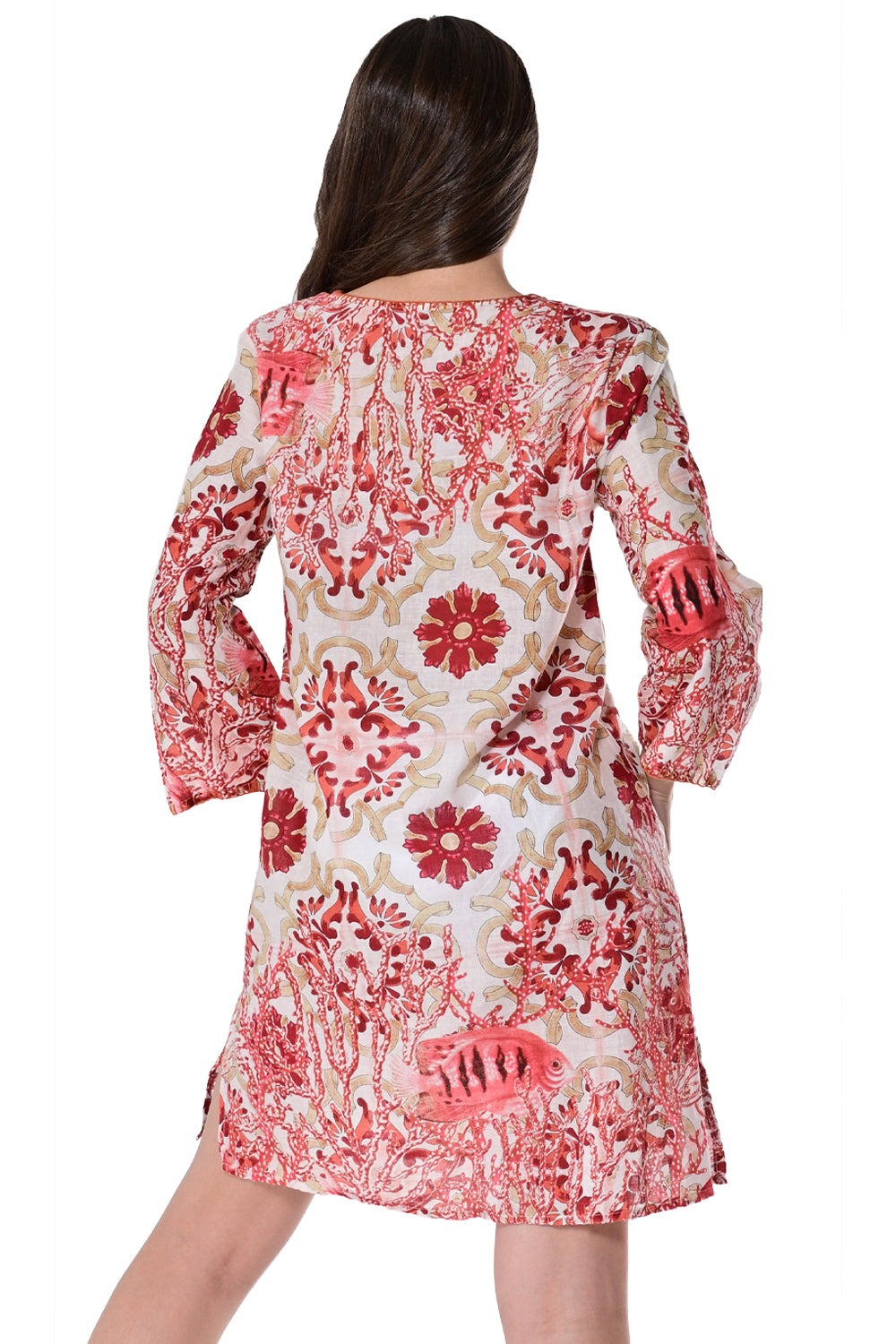 AZUCAR LADIES PRINTED TUNIC WITH SHOE LACE 100% COTTON - BEACH WEAR - on model back view LCT1763