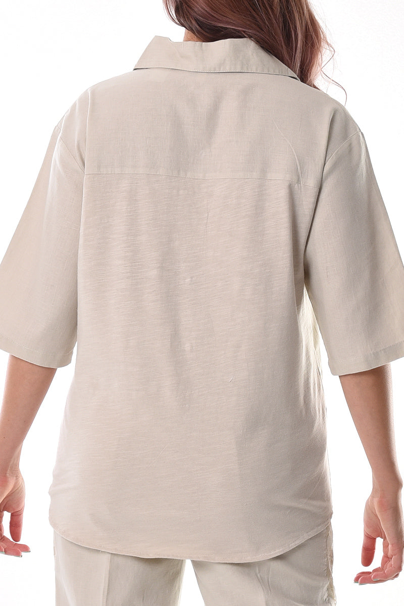 Azucar Ladies Linen 3/4 Sleeve With Laced Pocket Blouse natural back view on model - LLB1090
