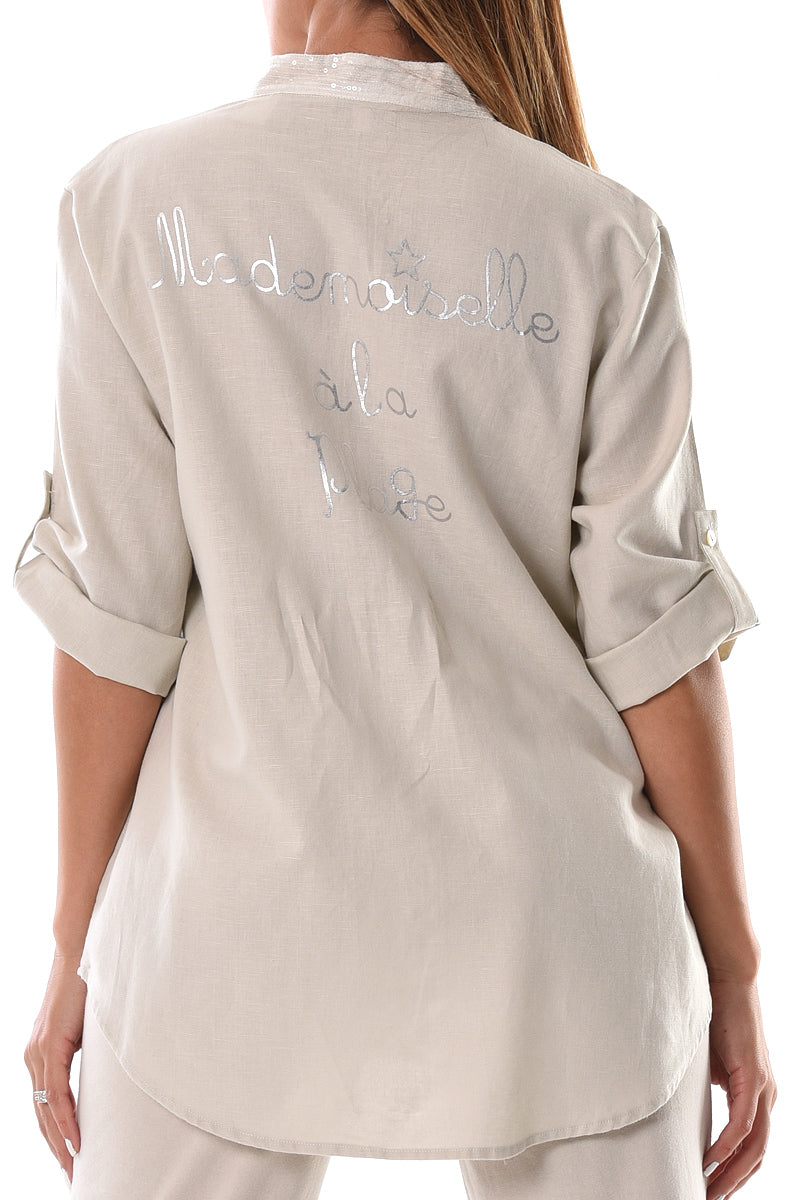 Azucar Ladies Linen Roll-Up Sleeve W/Sequin Collar & Pockets Blouse In (2) Colors - LLB1092 NATURAL BACK