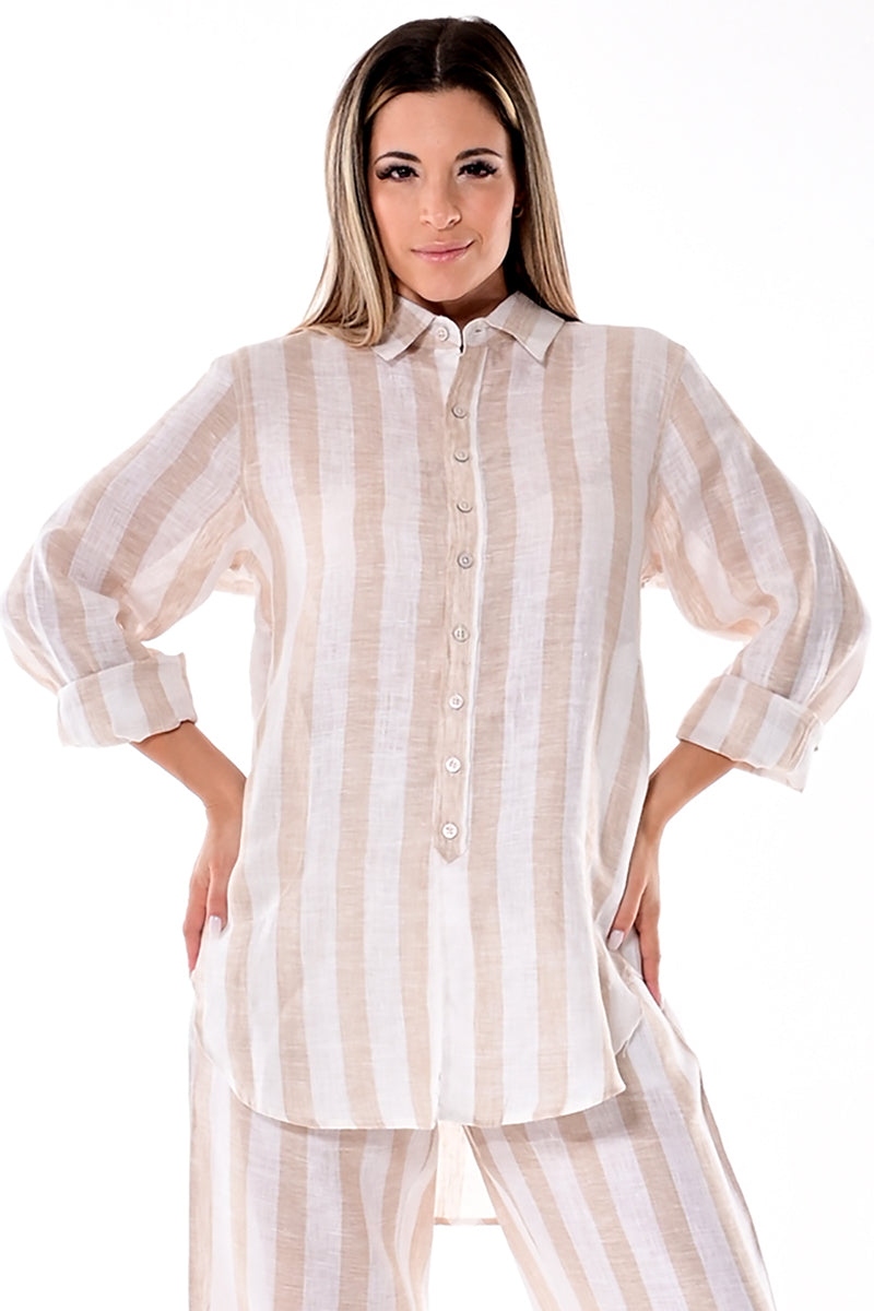 AZUCAR LADIES LONG SLEEVE STRIPED BLOUSE 100% LINEN - NATURAL ON MODEL - LLB1320