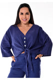 AZUCAR 3/4 SLEEVE FRONT TIE BLOUSE WITH BUTTONS - navy front - LLB1334