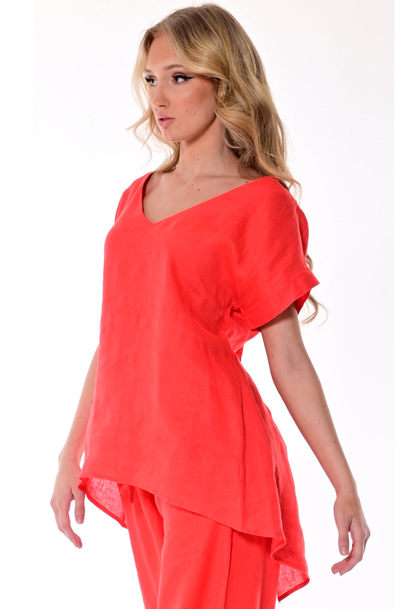 AZUCAR LADIES SHORT SLEEVE TUNIC 100% LINEN - red - LLB1382