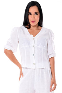 AZUCAR LADIES 3/4 SLEEVE BUTTON DOWN BLOUSE 100% LINEN - IN (2) COLORS - LLB1699