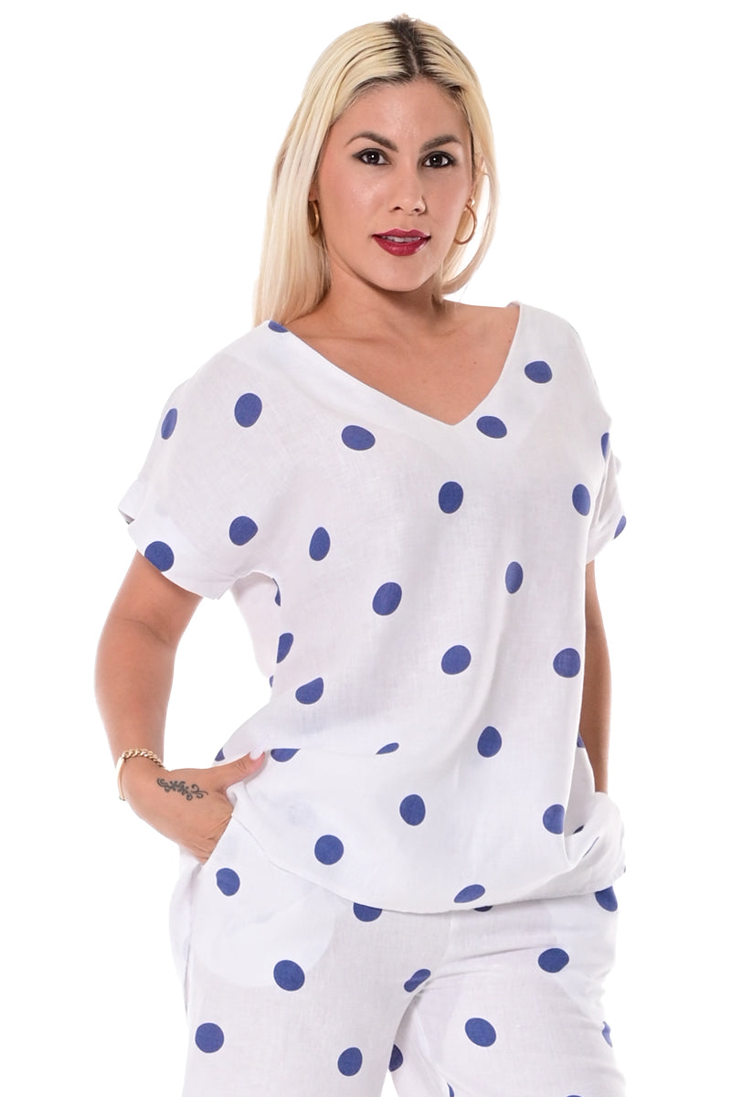 AZUCAR LADIES V-NECK SHORT SLEEVE TUNIC 100% LINEN WITH POLKA DOTS - white/navy on model - LLB1726