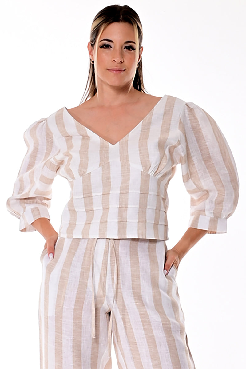 AZUCAR LADIES V-NECK PUFFY SLEEVES STRIPED BLOUSE 100% LINEN - IN (3) COLORS - LLB1731 IVORY