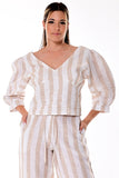 AZUCAR LADIES V-NECK PUFFY SLEEVES STRIPED BLOUSE 100% LINEN - IN (3) COLORS - LLB1731 IVORY 