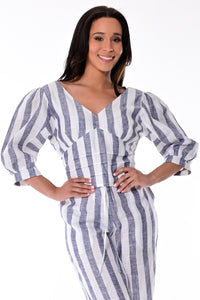 AZUCAR LADIES V-NECK PUFFY SLEEVES STRIPED BLOUSE 100% LINEN - IN (3) COLORS - LLB1731