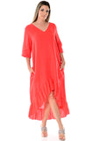 Azucar 100% Linen Ladies Dress with 3/4 Sleeve and Ruffled Hem in (3) Colors-LLD1451/LLWD1981 - Casual Tropical Wear