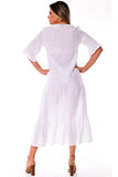 AZUCAR LADIES 3/4 SLEEVE LONG DRESS 100% LINEN - white back view - LLD1695