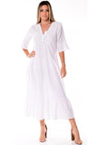AZUCAR LADIES 3/4 SLEEVE LONG DRESS 100% LINEN - white on model  - LLD1695