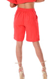 AZUCAR LADIES FLAT FRONT TWO POCKETS ELASTIC SHORTS 100% LINEN - red back view - LLH1379