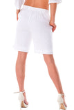 AZUCAR LADIES FLAT FRONT TWO POCKETS ELASTIC SHORTS 100% LINEN - white back view - LLH1379