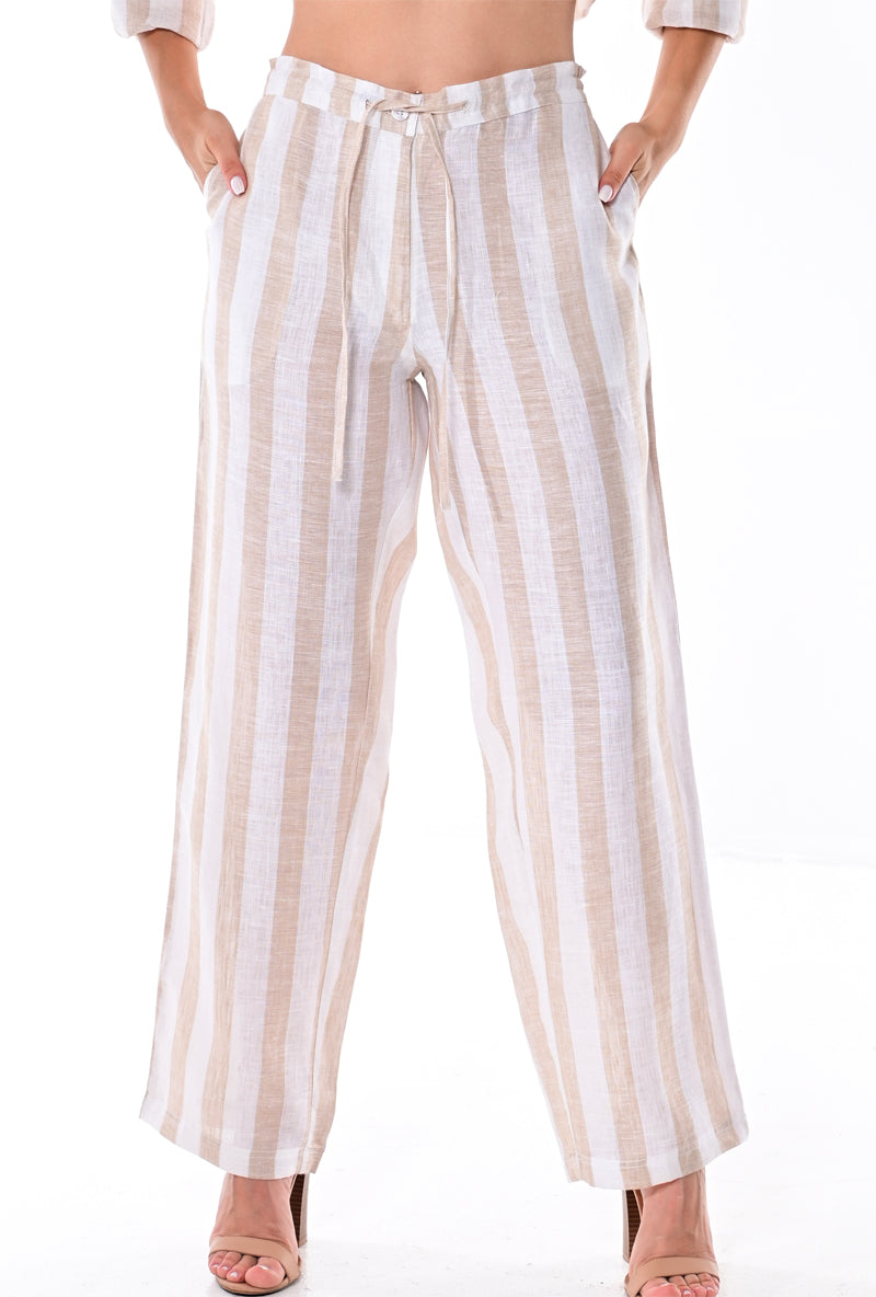 Azucar 100% Linen Casual Women's Drawstring Pants w/Wide Leg in Linen Stripped-LLP1317 - Casual Tropical Wear