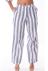 Azucar 100% Linen Casual Women's Drawstring Pants w/Wide Leg in Linen Stripped-LLP1317 - Casual Tropical Wear