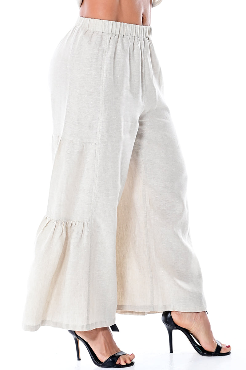 AZUCAR LADIES PALAZZO PANTS 100% LINEN - natural on model side view - LLP1702
