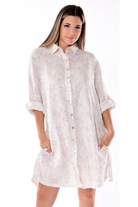 AZUCAR LADIES LONG SLEEVES PRINTED DRESS 100% LINEN - pink on model - LLWD102