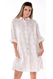 AZUCAR LADIES LONG SLEEVES PRINTED DRESS 100% LINEN - ivory on model - LLWD102