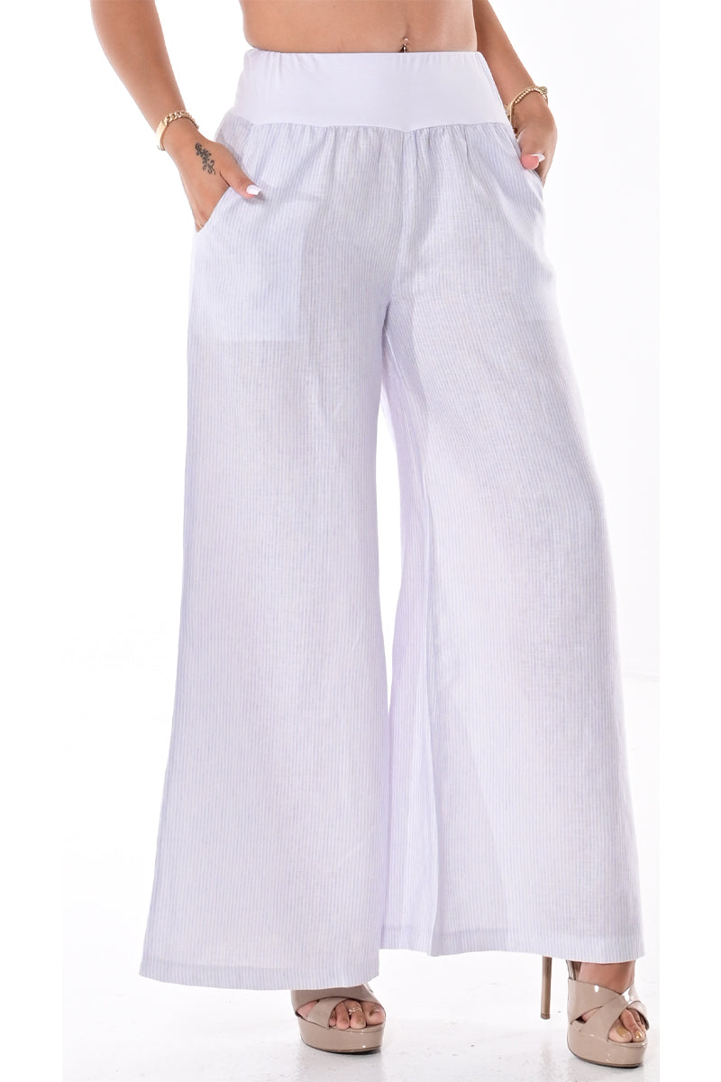 Azucar Ladies Extra Wide Leg 100% Linen Pants w/Pockets Elastic Waist Band  and Stripes in (2) Colors-LLWP113S