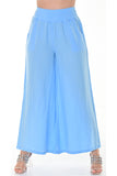 AZUCAR LADIES LONG LOOSE SOLID PANTS WITH FRONT POCKETS 100% LINEN - LT BLUE ON MODEL  - LLWP113