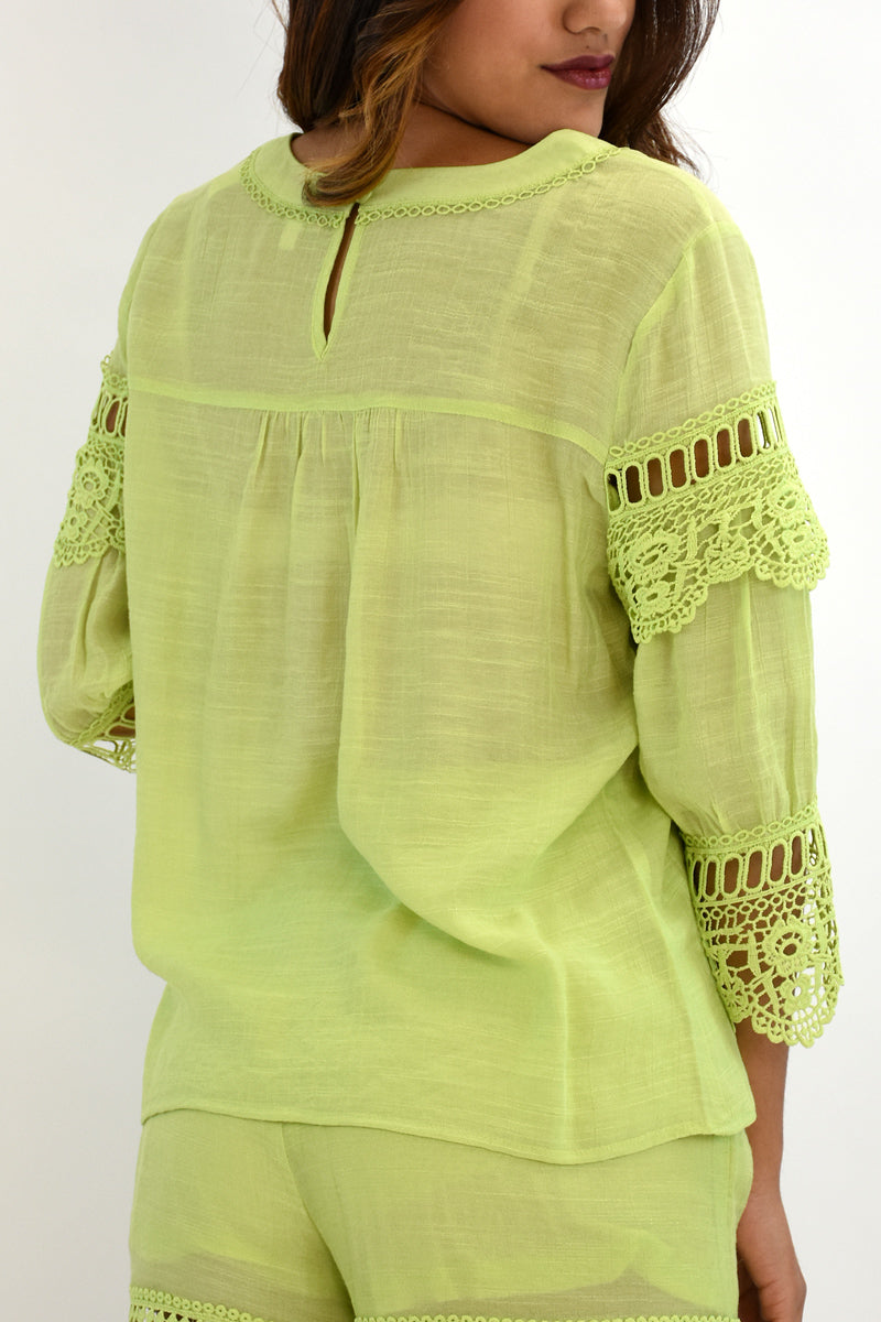 Azucar Ladies Crochet & Lace 3/4 Sleeve Blouse - LIME BACK VIEW LRPB304